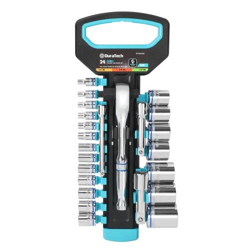 DURATECH 24-Piece Ratchet Wrench Set with 3-in-1 Ratchet Handle, 6.35mm, 9.5mm, and 12.7mm Drives, 3 Extension Bars, and 20 Sockets, for Automotive, M