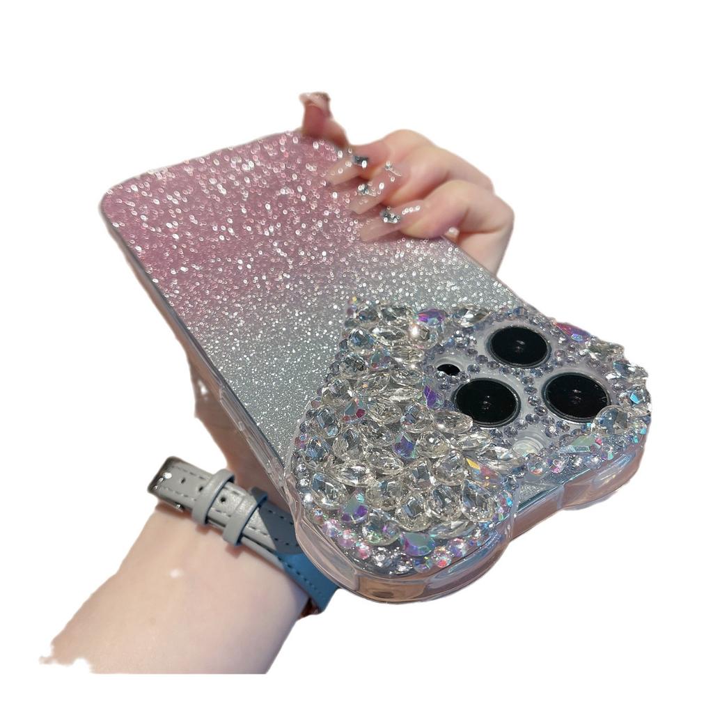 Suitable for IPhone16Promax Phone Cases, Heart-shaped Water Diamond 14/13, and Apple 15 Protective Cases with Gradient Glitter