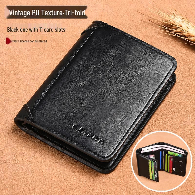 Men's Cross-Border Slim Tri-Fold Leather Wallet with ID and Card Holder