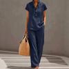 Completo estivo due pezzi da donna: camicetta a tinta unita con colletto a tacche e maniche corte, pantaloni a gamba larga, casual, misto lino