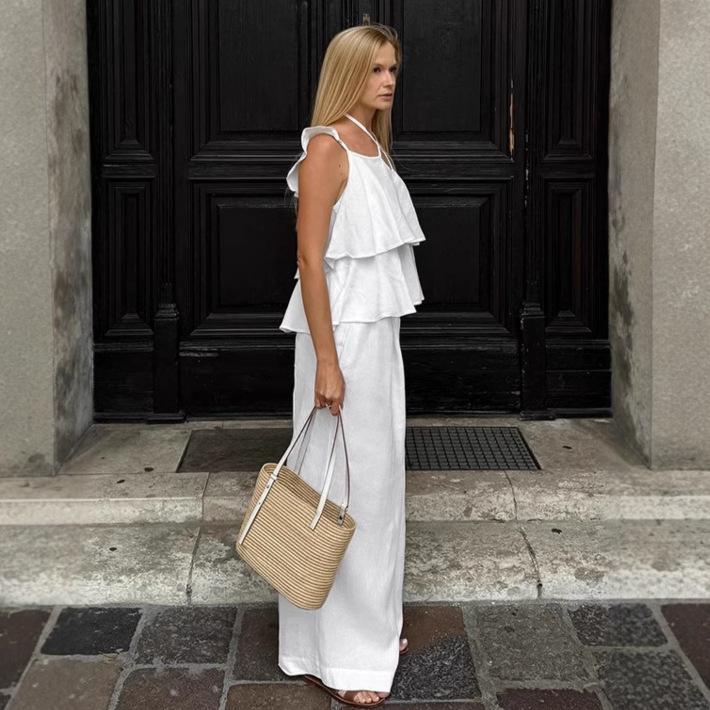 Damen Weißes Stufen-Camisole-Top und Weitbeinige Hosen-Set