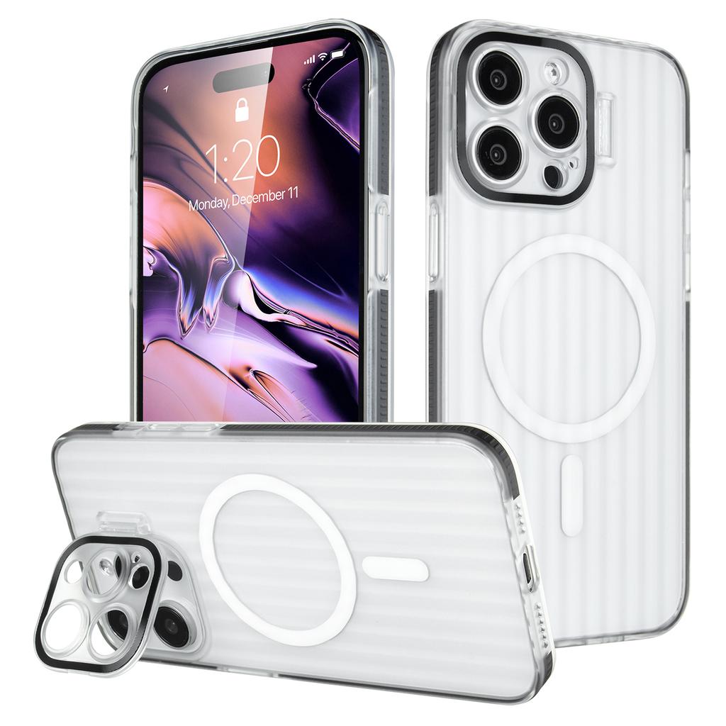 For iPhone 14 Pro Case with Kickstand PC+TPU Phone Cover Strip Pattern Back Compatible with MagSafe