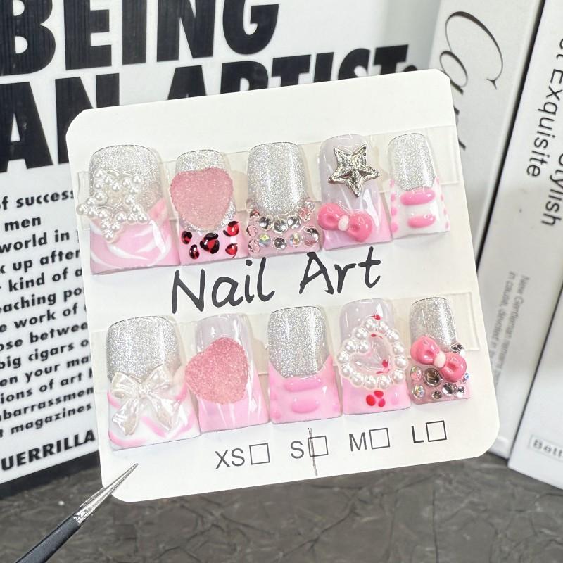 Sweet Cute Leopard Print Press-On Nails Short Duckbill Shape With Heart Bow Star Patterns Small
