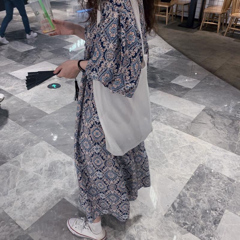 Summer Loose Retro Women's Floral Dress Lantern Sleeve V-neck Pleated Printed Women's Dress