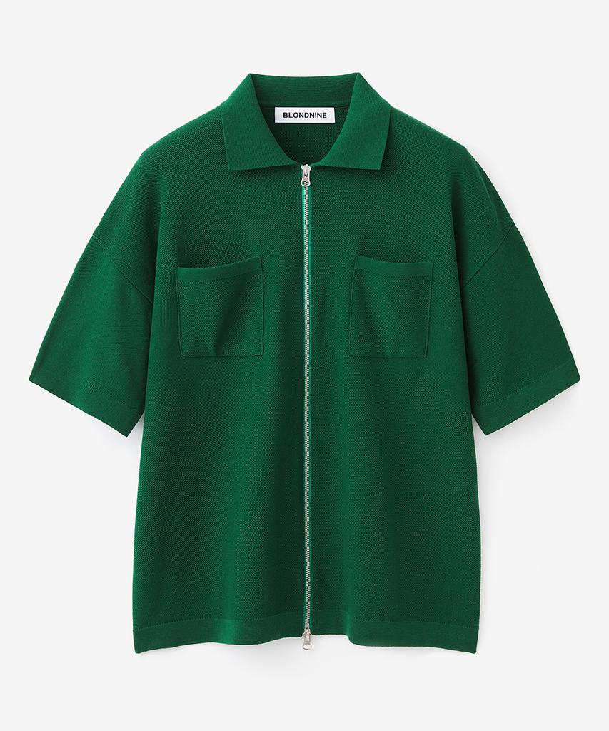 Blond9 Cotton Collared Short Sleeve Zip-Up_Forest Green