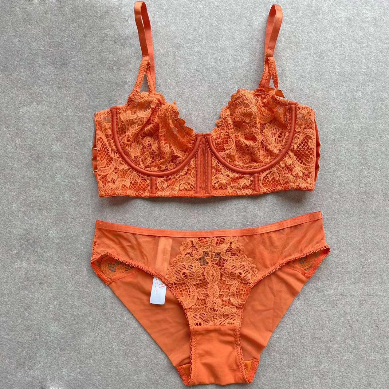

Жіночі ультратонкі комплекти нижньої білизни Мереживні інтимні речі Бюстгальтер пуш-ап Сексуальні трусики Набір з 2 предметів Повсякденна білизна 80C помаранчевий