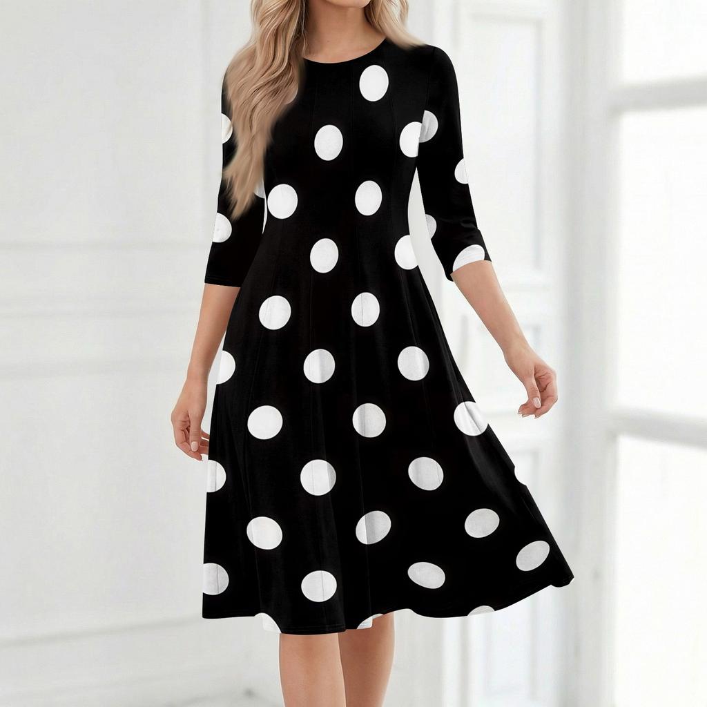 Women's Fashionable Polka Dot Print Midi Dress Casual Round Neck Three Quarter Sleeve Dress for Spring Summer Daily Wear