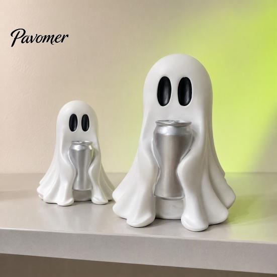 Decorative Resin Crafts Halloween Ghost Figurine with Drinks, Statue, Cute Spooky Desktop Seasonal Home Table Decorations Ornament for Party Tabletop