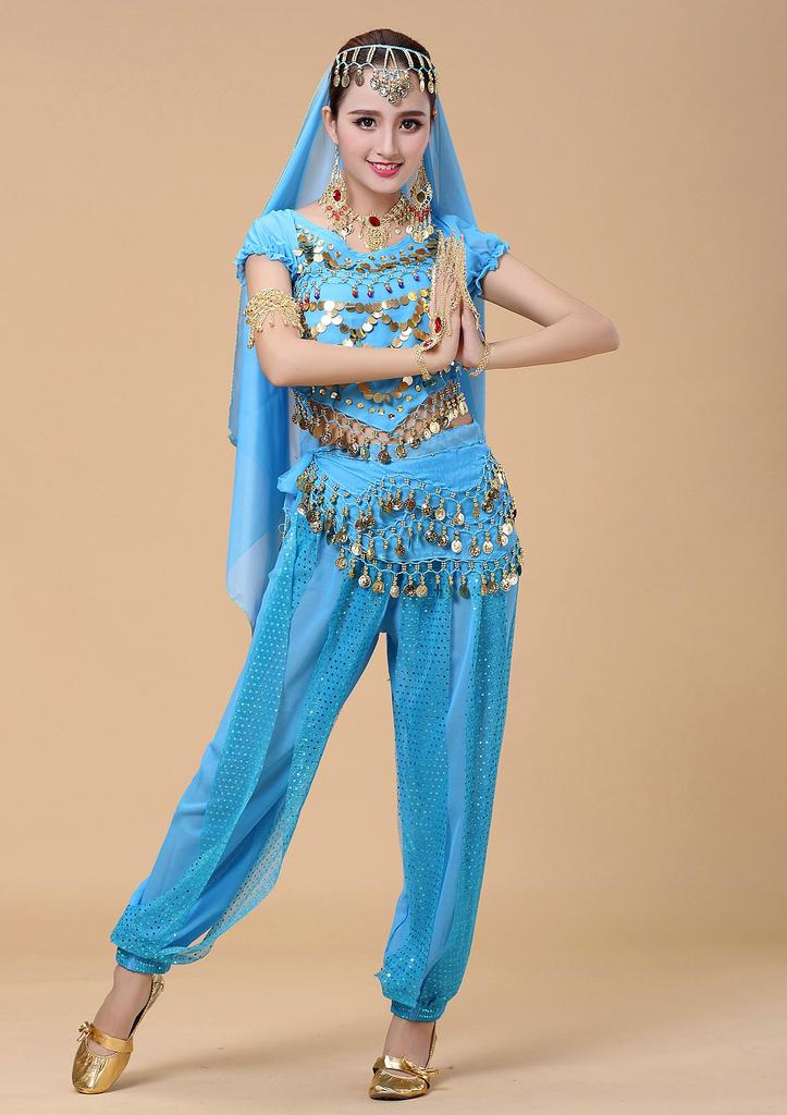 Cosplay Halloween Aladdin Kostüm Hosen Typ Bauchtanz Kostüm 4-teiliges Set Kostüm Jasmin Aladdin Stil Kostüm Himmelblau