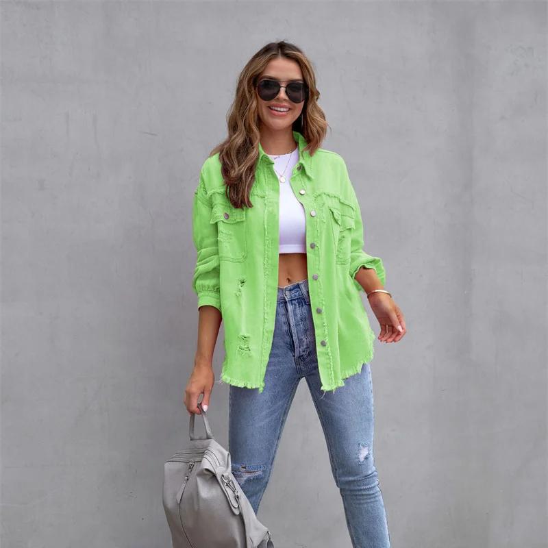 VAYLA Holes Raw-edges Denim Jacket Women Spring Autumn Shirt Style Jeancoat Casual Top Rose-Red Orange Purple Outerwear Lady Coat