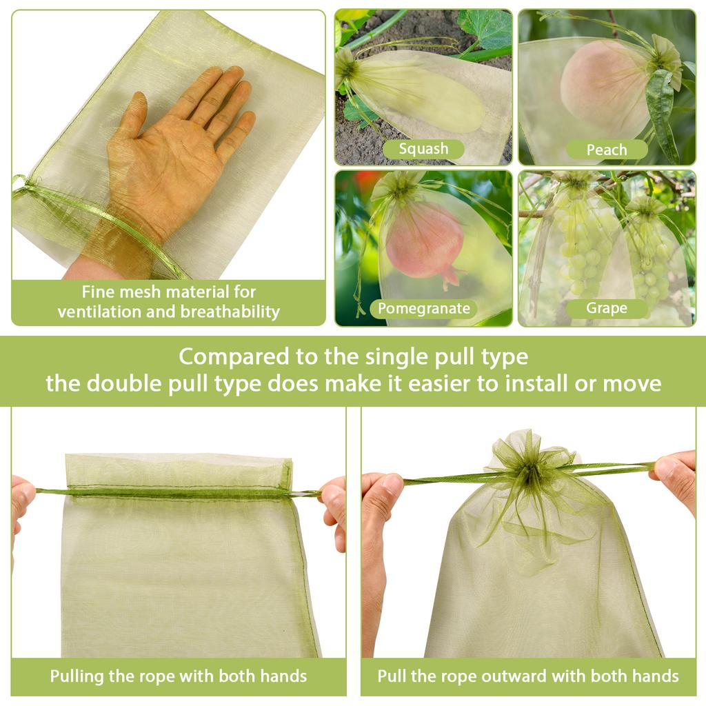 100/200Pcs Fruit Protection Bags Fine Mesh Organza Plant Grow Bags with Drawstring Garden Anti-Bird Netting Mesh Bag Garden Tool