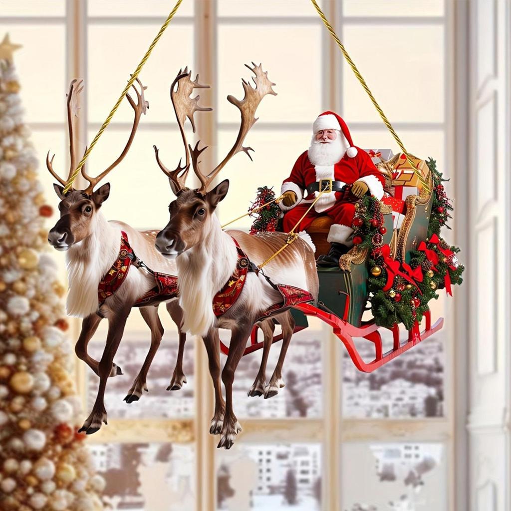 Christmas Reindeer Sleigh Santa Hanging Decoration 2D Acrylic Santa Claus on Sleigh Pendant Holiday 2026 Xmas Party Supplies