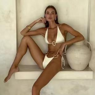 Women's bikini swimsuit new solid color split swimsuit strap sexy leak back women
