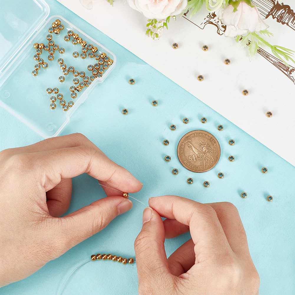 100Pcs PVD Vacuum Plating 304 Stainless Steel Spacer Beads, Round, Golden, 4x3mm, Hole: 2mm