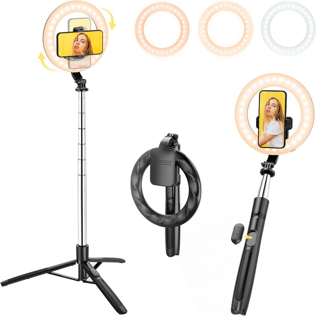 Luz de anillo para selfies de 8" con soporte de trípode extensible de 66" y soporte para teléfono, luz de anillo LED regulable portátil sin enchufar