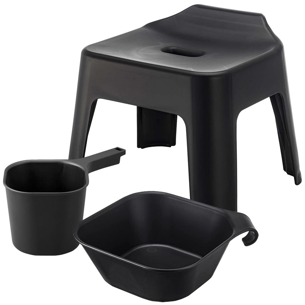 Yamazaki Tower Floating Storage Bath Chair, Black, 25cm Seat Height + Magnetic & Hook-Up Bathtub + Magnetic Hand Pail [3-Piece Set] 5384 5379 3608