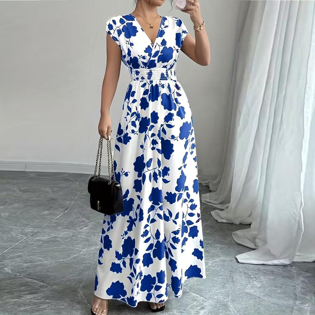 Women's Summer Fashionable Floral Print V-neck Long Dress, Summer Waist Cinching Dress