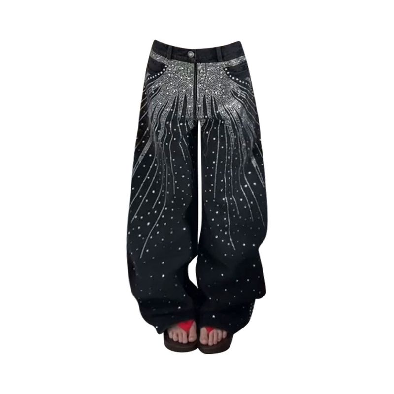 

Plus size American Street Washed Starry Sky Hot Drilling Jeans Women 2025 New Versitile Fashion Wide Leg Pants Fashion Black 2XL
