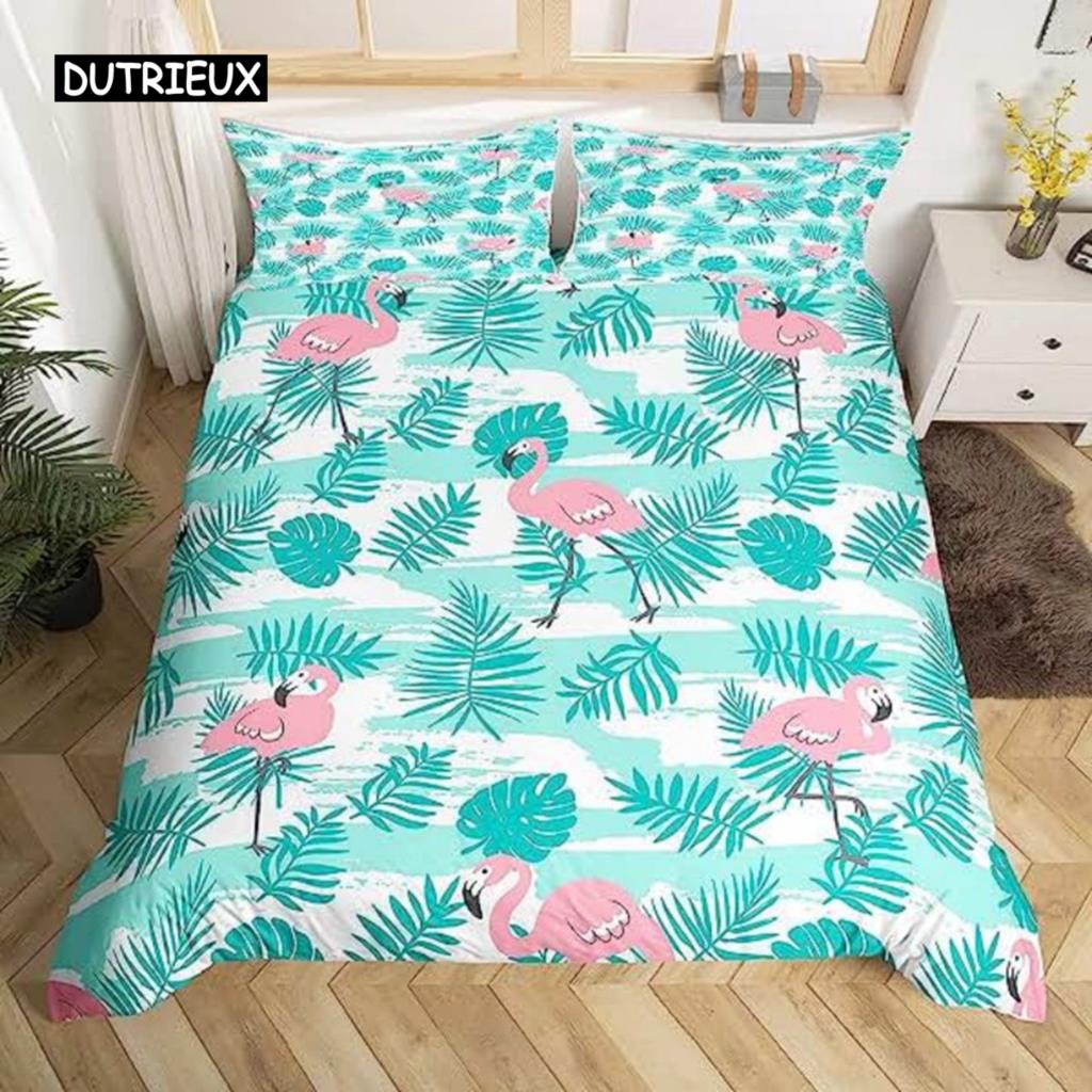 Povlak na přikrývku Flamingo List palmy King Size Tukan Plameňáci Povlak na přikrývku Dívky Chlapec Dospělý Tropické Botanické Listy pro Obývací pokoj