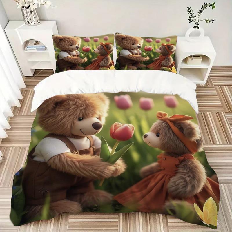 3pcs Teddy Bear Bedding Set - Includes One Quilt Cover and Two Pillowcases (No Core) - Anime Cartoon Design, Perfect for Bedroom and Guest R