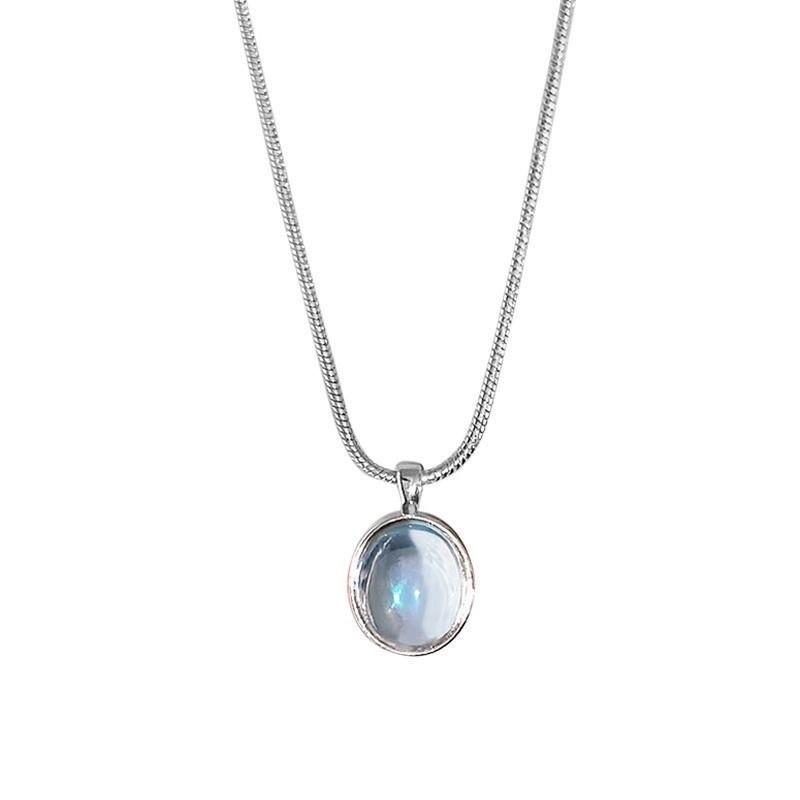High-End S925 Sterling Silver Natural Aquamarine Oval Pendant Necklace for Women