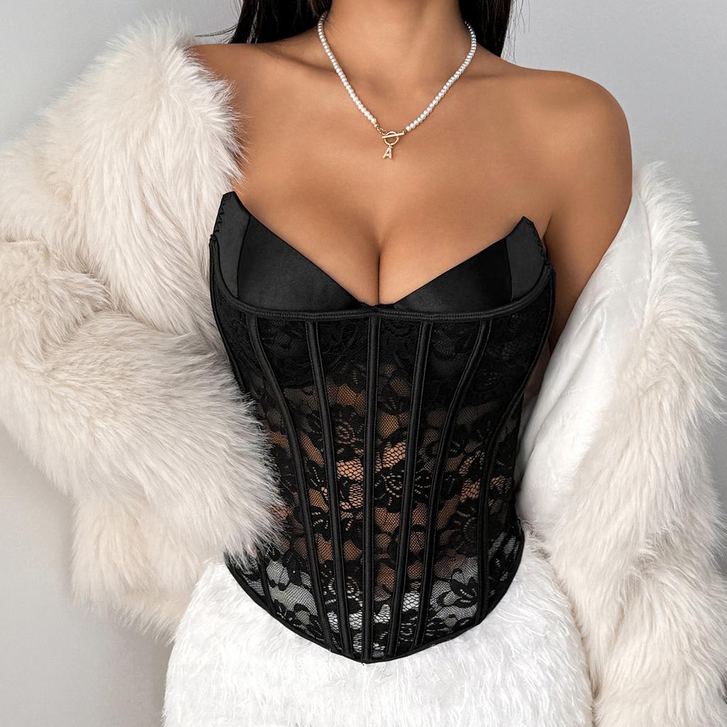 New High-end Spice Girl Slim-fit Personalized Water Drop Chest Lace Splicing Tube Top R