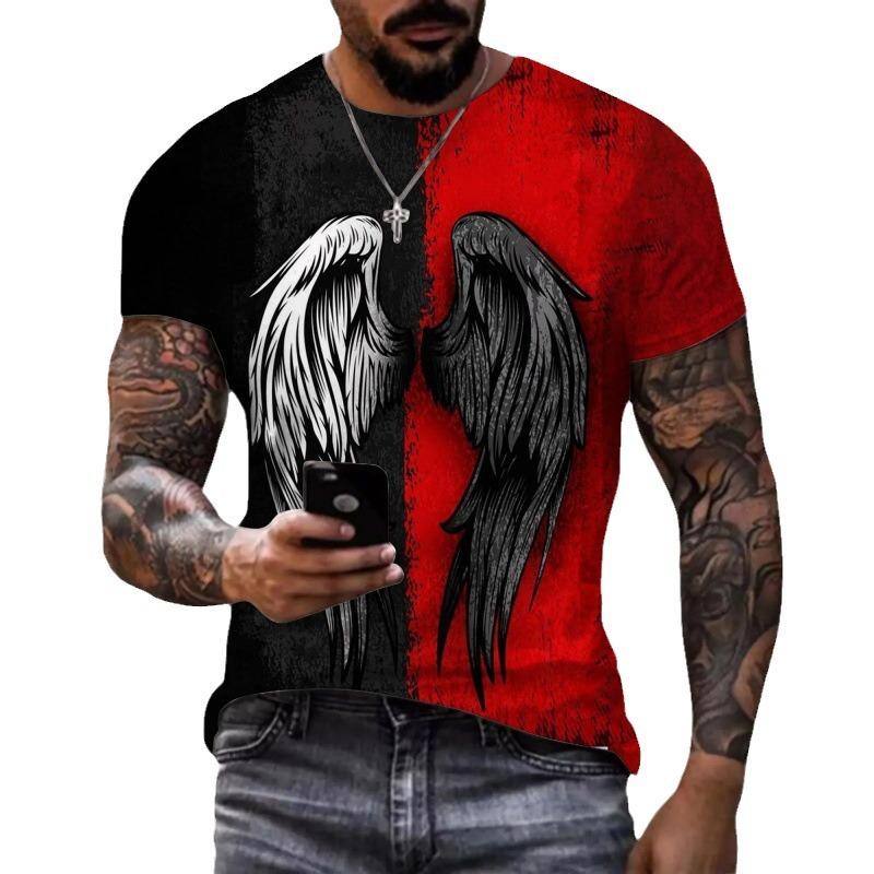 Summer Round Neck 3D Wing Pattern Print Top Fashionable Casual Short Sleeved Men's T-shirts