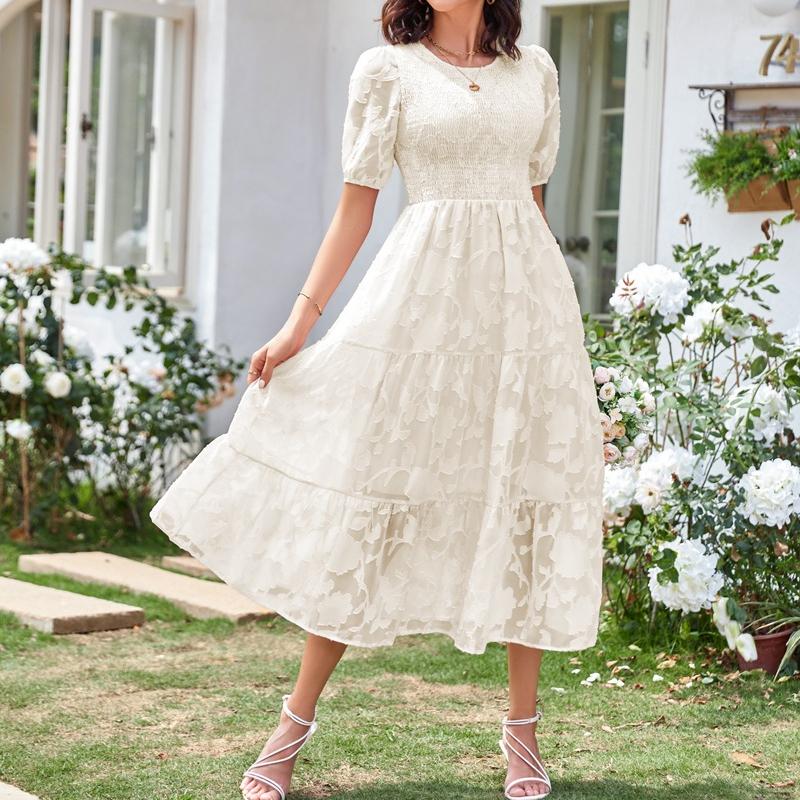 YYFS Women's Fashion Summer Spring Solid Color Print Short Sleeve O-Neck High Waist Casual Dresses
