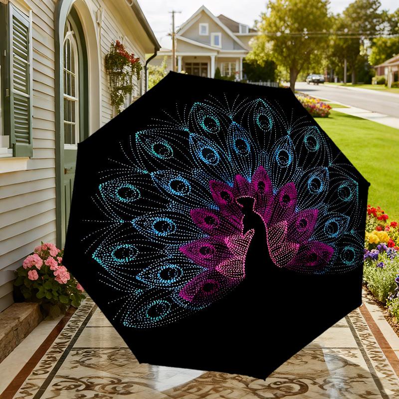 1pc Peacock Feather Automatic Folding Umbrella 8 Rib Iron Frame,  Suitable for Travel, Daily Use, Birthday, Women & Men Gift