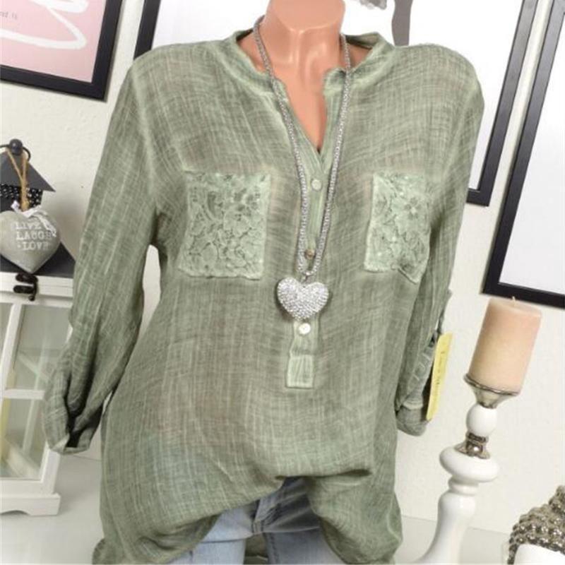 Chic Lace Shirt Autumn Women V-neck Long Blouse Loose Plus Size Sleeve S-5xl