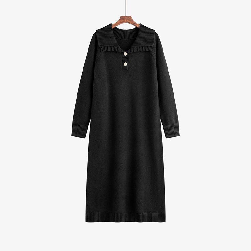 Плюс Размер Женский Поло Воротник Прямая Юбка Свободный Трикотажный Свитер Платье XL чёрный