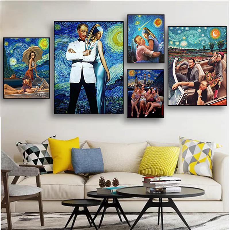 Funny Art Abstract Van Gogh and Friends Canvas Painting Modern Posters and Prints Wall Art Pictures for Living Room Home Decor