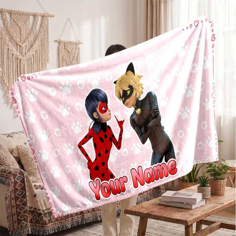 Miraculous Ladybug Personalized Flannel Blanket, Custom Printed Text Name, Warm Soft Blanket For Couch Bed