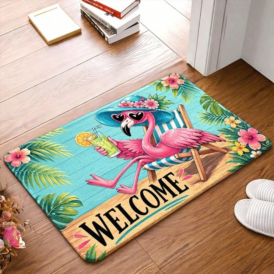 Newest Beach Sunset Flamingo Welcome Home Doormat, Tropical Seaside Palm Leaf Front Door Entrance Rug