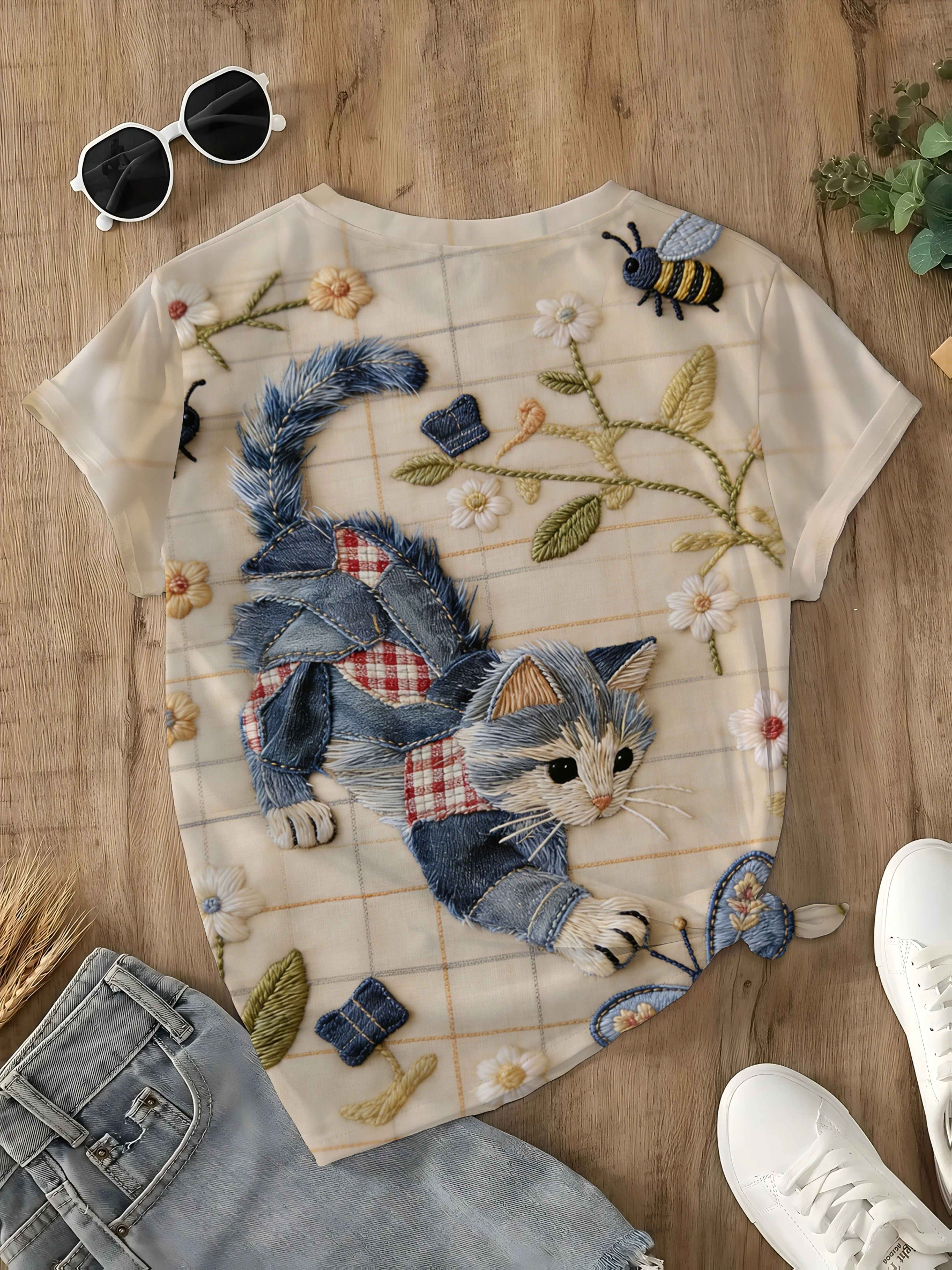 

Women s Apricot Faux Embroidery T-Shirt - Denim Cat Print ; BeeButterfly Floral Patchwork Short Sleeve Top Round Neck Blouse Suitable for Spring Summ S