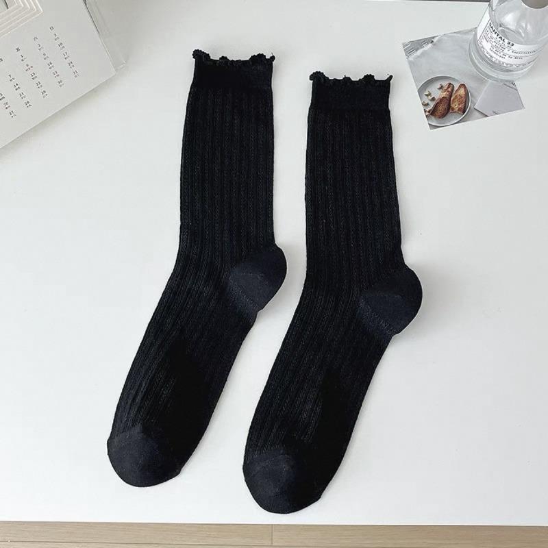 Ballet-style Grey Socks for Spring and Summer, Thin Mid-calf Length, with Netted Flower Trim and Mary Jane-style Long Socks for Women.
