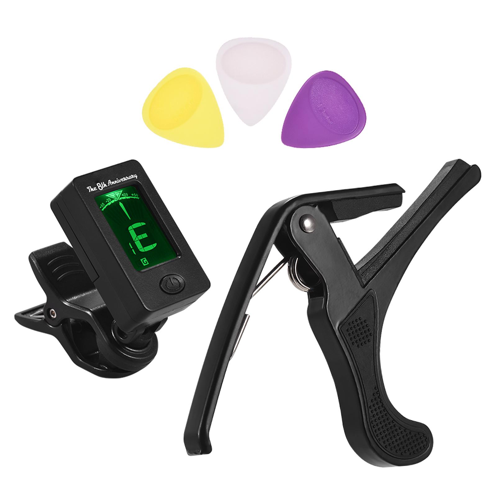 

Guitar Accessory Set for Beginners with Clip on LCD Digital Guitar Tuner Lightweight Guitar Capo 3pcs Guitar Picks