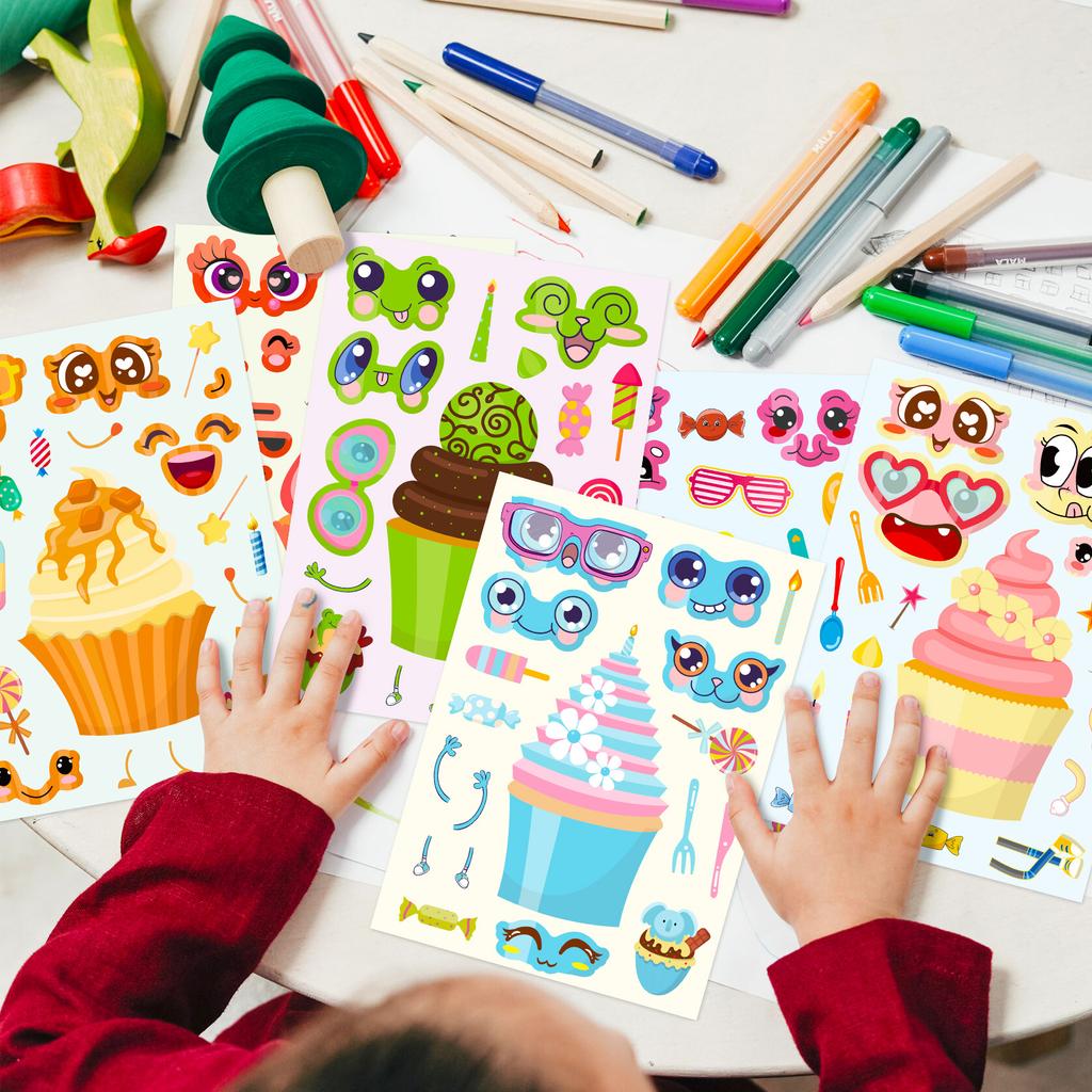 6 Pictures/package Cartoon Cake Puzzle Face Change Stickers Cute Style Children's Hands-on Ability Cultivation Toy Stickers