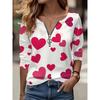 Valentine's Day Love Printed Half-cardigan T-shirt, Elegant and Fashionable Long-sleeved Top for Spring and Autumn, Women's Clothing