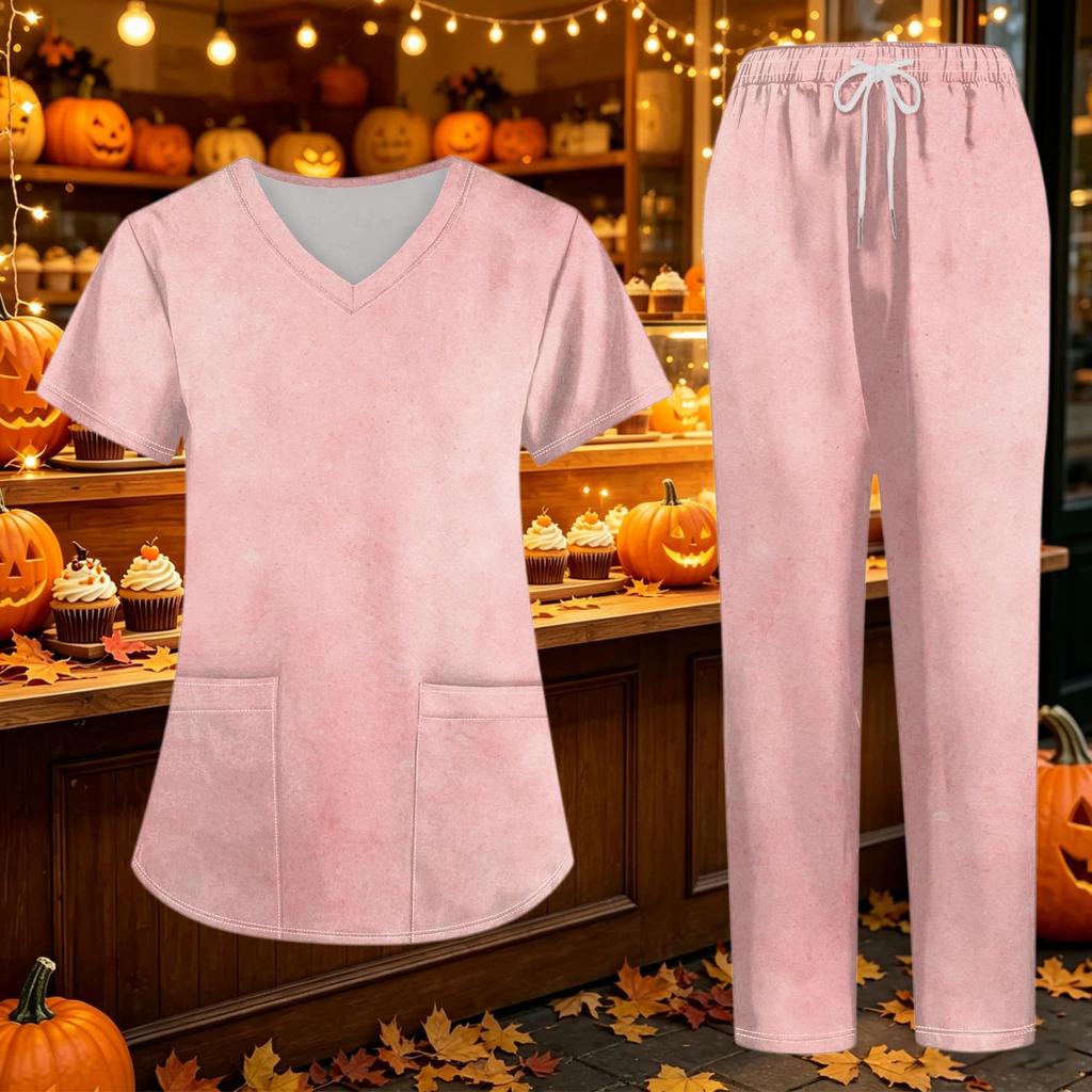 Women's V-Neck Short Sleeve Scrub Set with Pockets Gradient Tie Two Piece Caregiver Work Uniform