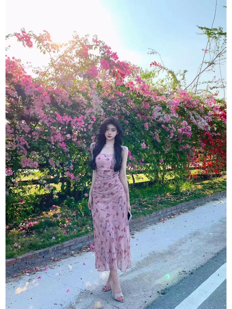 2025 Summer French Pink Chiffon Floral Slim Fit Camisole Dress