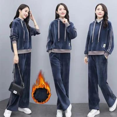 Women's Fall and Winter Padded and Thickened Suit High Collar Hooded Sweatshirt + Wide Leg Pants Two-piece Set