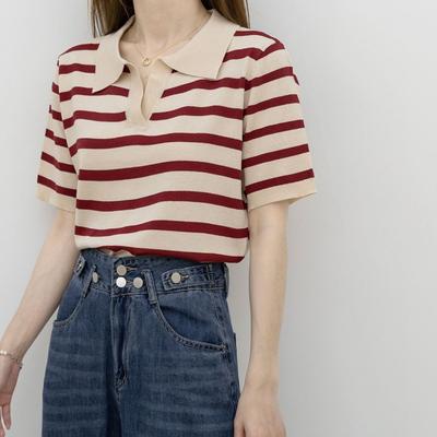 Classic Polo Collar Short Sleeve Striped Knit Top