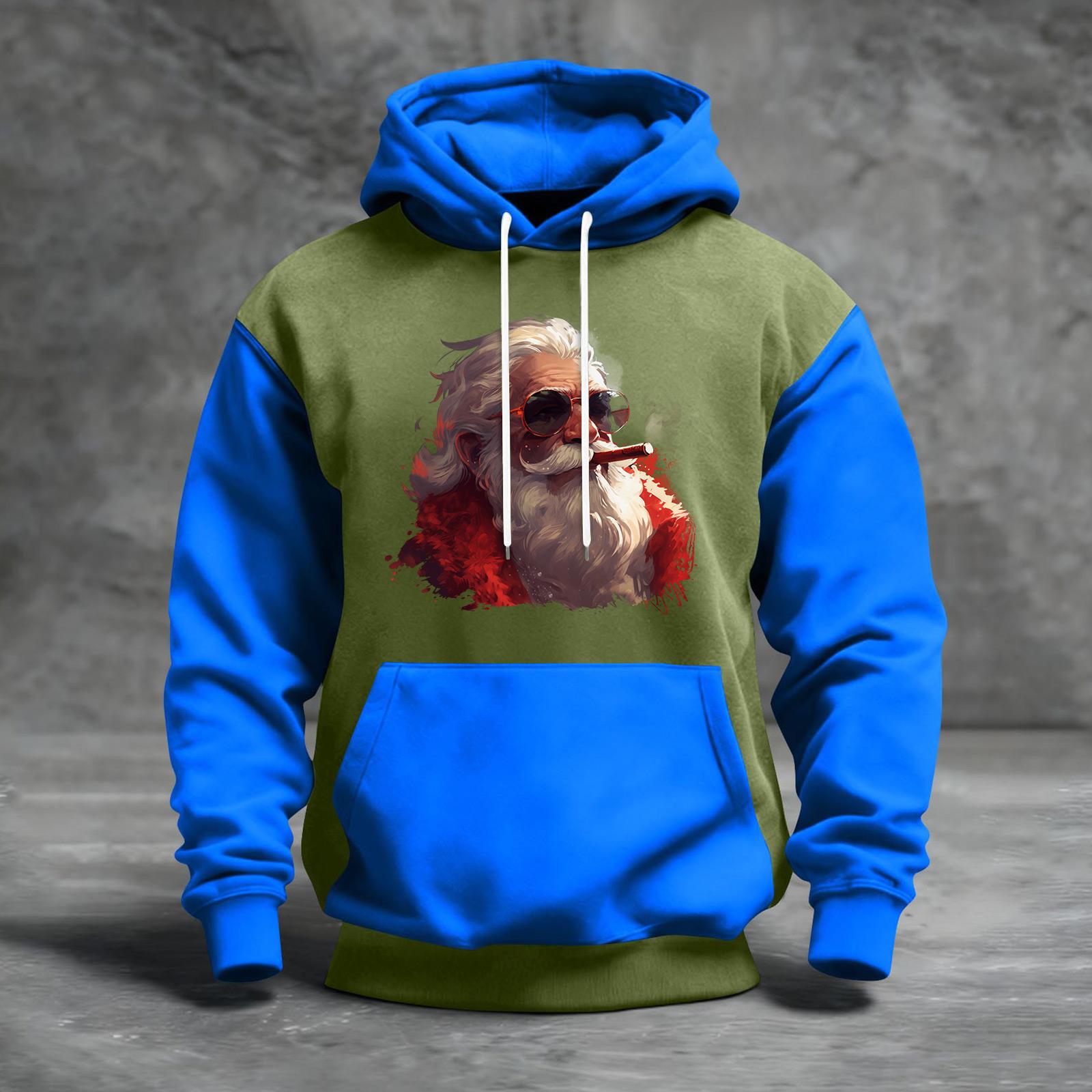 

Мужской рождественский свитшот с капюшоном, повседневный, спортивный, удобный, с цветными блоками и принтом M