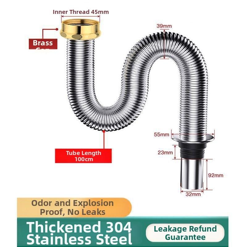 Kitchen Sink Drain Pipe Stainless Steel 304, 40 Cm Length, Leak-Proof And Odor-Blocking, Easy Installation, For Home-Use