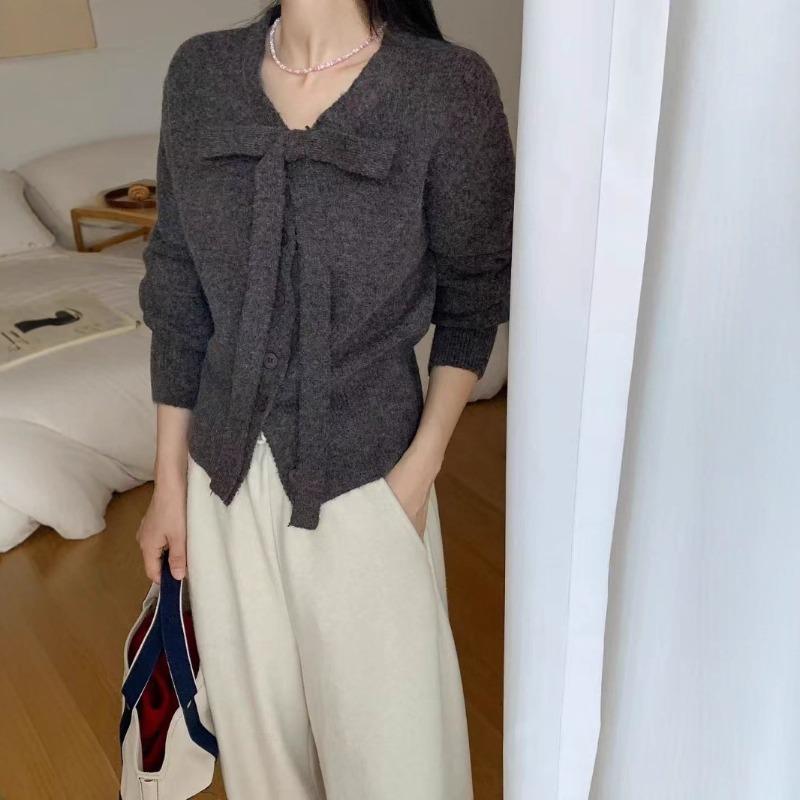 Simple Temperament Bow-tie Long-sleeved Knitted Cardigan Women's Casual Versatile Long-sleeved Jacket