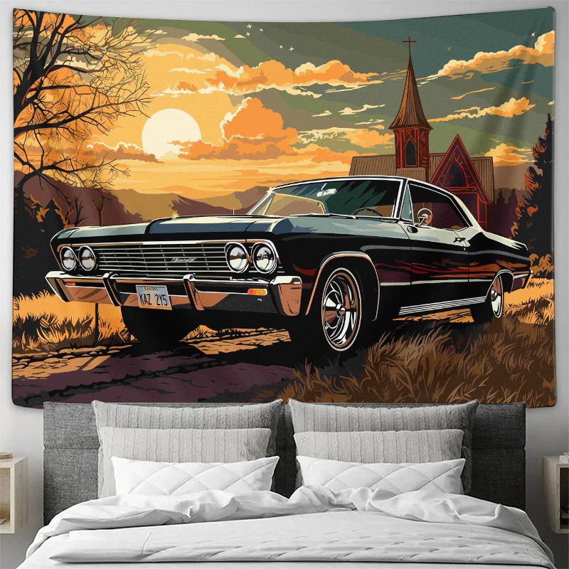 Vintage Klassiker Amerikanischer Muscle Car Wandteppich Nostalgische Landschaft Schlafzimmer Dekor