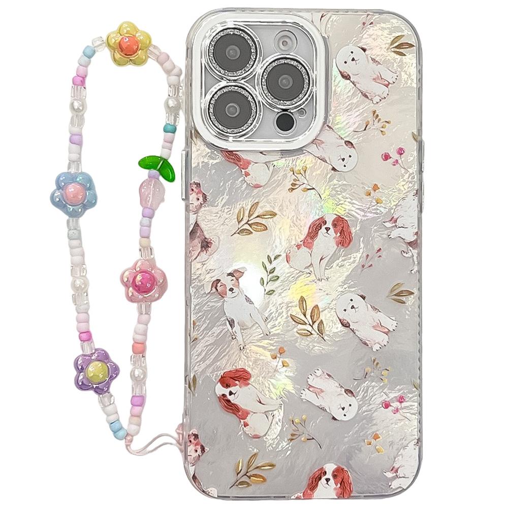 For iPhone 16 Pro Max Case IMD Cartoon PC+TPU Back Cover with Glass Lens Film,Beaded Strap