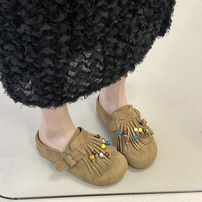 Handmade beaded fringed half-drag summer soft bottom thick bottom small cow anti-velvet bag head slippers