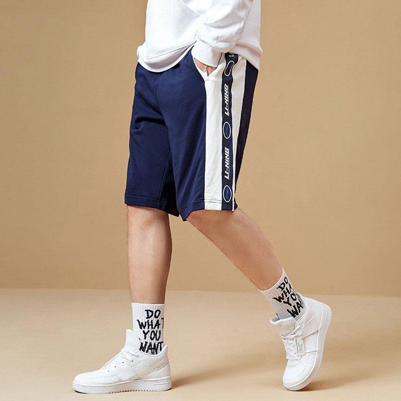 Li Ning Sports Fashion Series Side Color Block Letter Breathable Sports Shorts Men Shorts Blue AKSS983-2